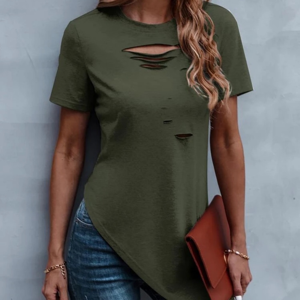 Green Distressed Asymmetric Hem T-Shirt
